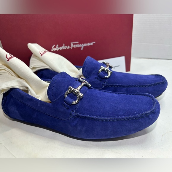 SALVATORE FERRAGAMO DRIVER LOAFER GANCINI ORNAMENT BLUE SUEDE SZ 9.5 E - NEW! - Picture 6 of 16